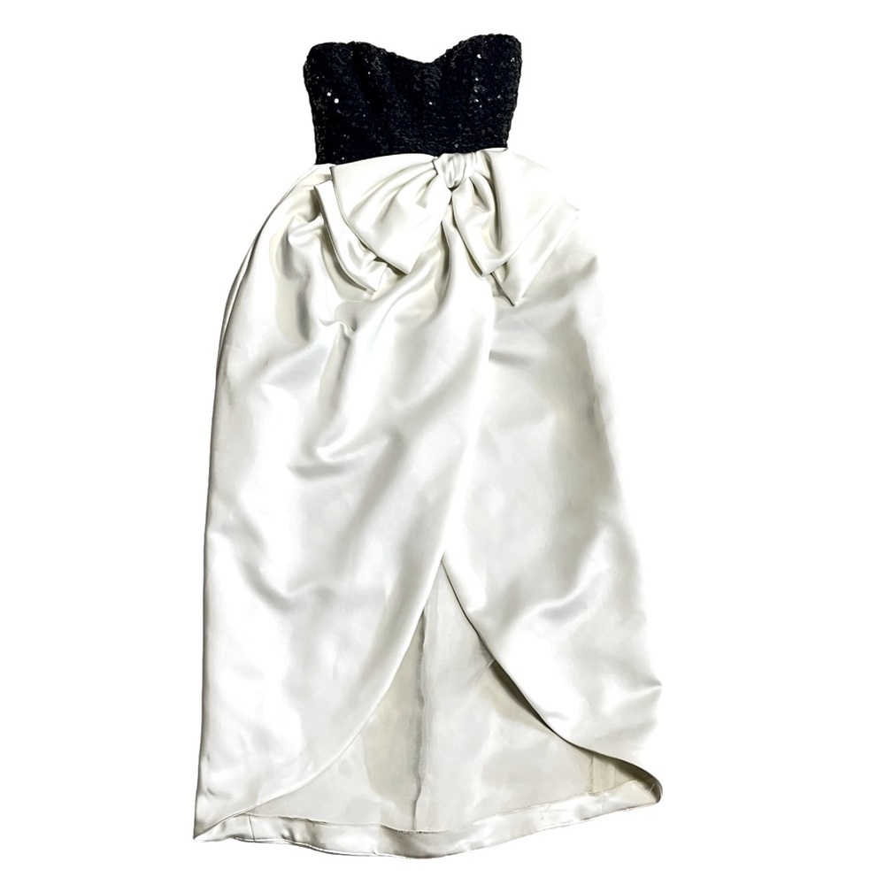 Vintage 80s 90s Saks Fifth Avenue AJ Bari Formal Dress Sequin Bustier Bow Satin